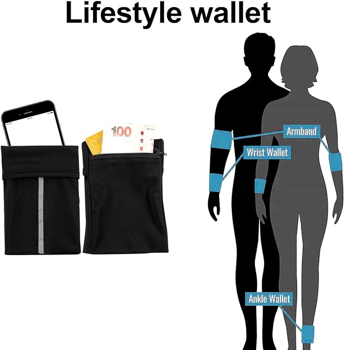 Easyports 2 Pocket Wrist Wallet Wrist Cell Phone Holder, Ankle Wallet, Sweat Bands, Armband, Hidden Pouch, Wristlet Wallet for Travel, Outdoor Sports Running.