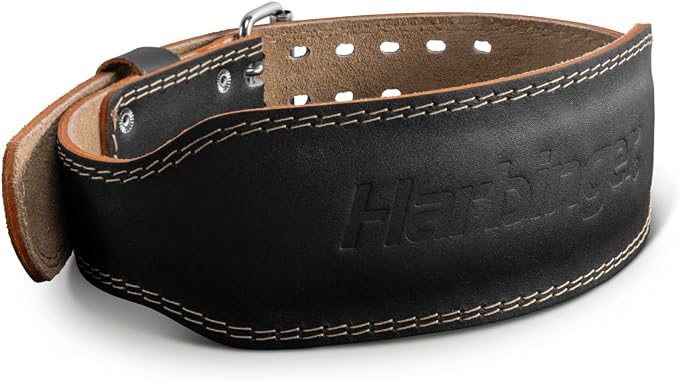 Harbinger Padded Leather Contoured Weightlifting Belt - 4" or 6” Width - Interior Suede Lining & Foam Cushioning - Heavy-Duty Dual Prong Steel Roller Buckle - for Lifting Support