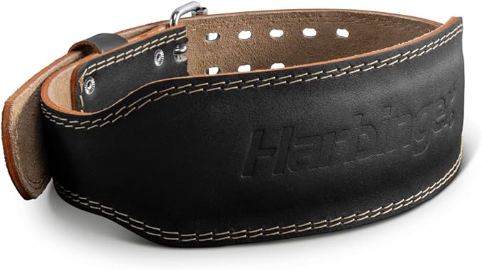 Harbinger Padded Leather Contoured Weightlifting Belt - 4" or 6” Width - Interior Suede Lining & Foam Cushioning - Heavy-Duty Dual Prong Steel Roller Buckle - for Lifting Support