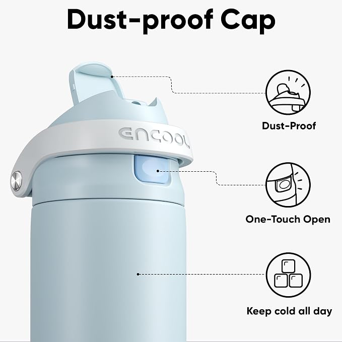 ENCOOL Leakproof Insulated Water Bottle with Straw Dual-Sip Water Bottle Bag-Safe Design for Work, Commute & Gym – Keeps Drinks Cold All Day, 24 oz, Frost Blue