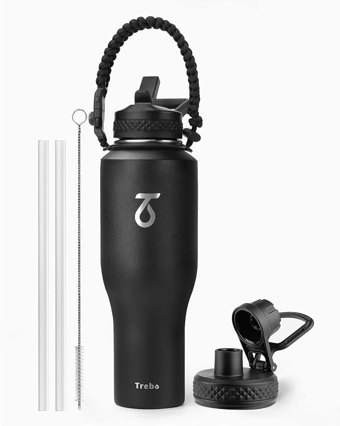 Trebo 40 oz Water Bottle Insulated Fit in Any Car Cup Holder with 2 Lids | Stainless Steel T-shape Tumbler with Paracord Handle, Triple Wall Vacuum Copper Plated, Cold 48 Hrs for Travel, Wide Mouth