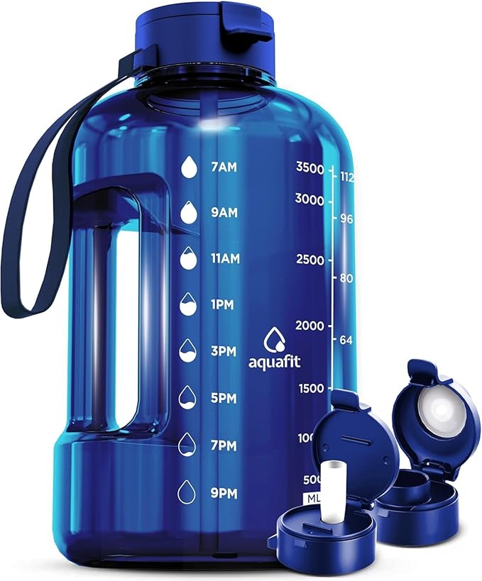 AQUAFIT 1 Gallon Water Bottle with Time Marker | BPA Free 128 oz Water Bottle with Straw and Chug Lids - Leakproof Gym Water Bottle with Carry Handle (Blue)