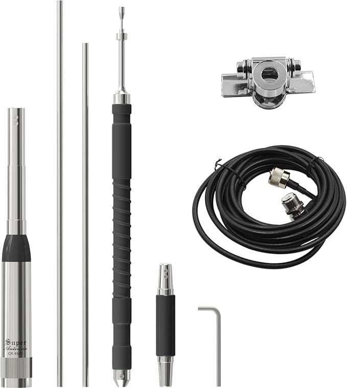 Mobile Radio Antenna TH-9800 Quad Band High Gain Antenna for Car Radio KT-8900D Antenna PL259 29/50/144/430MHz (10m/6m/2m/70cm) with 16.4ft Coaxial Cable and Bracket Clip (Silver)