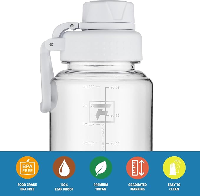 Fanhaw 32 oz Clear BPA-Free Tritan Water Bottle with Fast-Flow Spout Lid, BPA-Free & Leak-Proof Wide-Mouth Reusable Bottle for Gym, School & Office, Back to School Essentials (Clear&White)