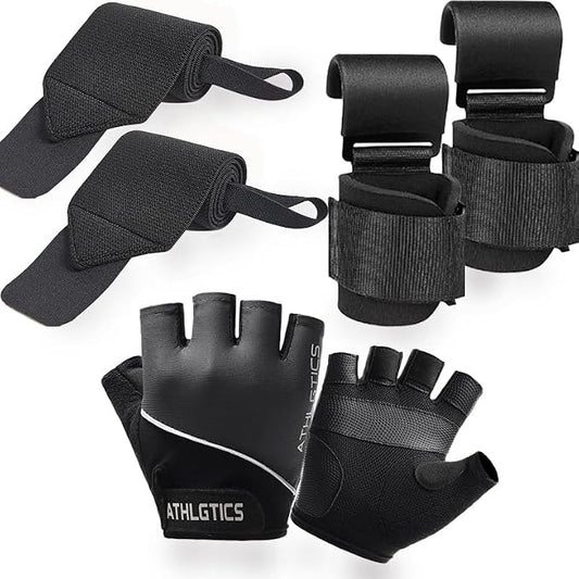 3-in-1 Gym Gloves Set with Deadlift Hooks & Wrist Wraps for Men & Women | lightweight breathable gloves, multi-size, steel hooks for heavy lifts, for deadlifts rows pull-ups cycling & daily driving