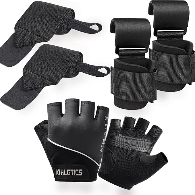 3-in-1 Gym Gloves Set with Deadlift Hooks & Wrist Wraps for Men & Women | lightweight breathable gloves, multi-size, steel hooks for heavy lifts, for deadlifts rows pull-ups cycling & daily driving