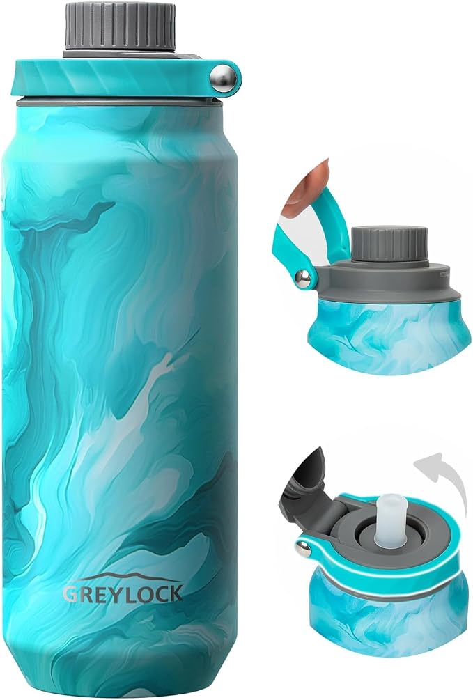 GREYLOCK 40 oz Insulated Water Bottle with Straw Lid, Leakproof Reusable Stainless Steel Vacuum Flask, 24hr Cold & Hot, Carry Handle & Silicone Spout, BPA-Free for Gym, Hiking, Travel,Blue