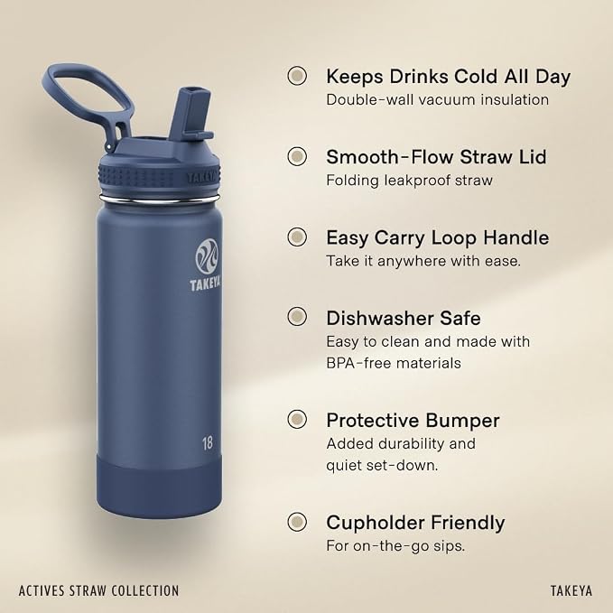 Takeya 24 oz Actives Stainless Steel Water Bottle with Straw Lid – Leakproof, Double-Wall Insulated, Keeps Drinks Cold 24 hrs/Hot 12 hrs, BPA-Free, Powder-Coated, Gym & Travel, Lilac