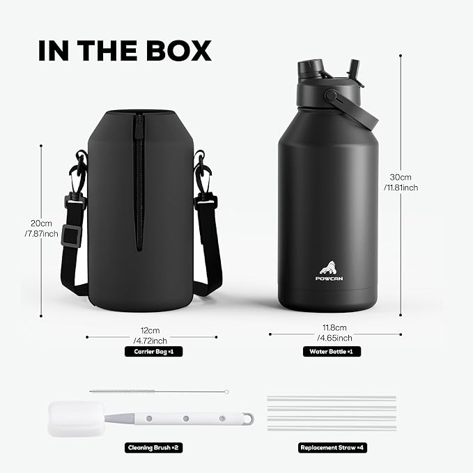 POWCAN 64 oz Insulated Water Bottle for Sports: 2-in-1 Straw & Spout Lid, Leakproof, Carrier Bag, Shoulder Strap, Keep Cold 48H, BPA-Free, Half Gallon Metal Water Jug for Gym, Travel, Gift (Midnight)