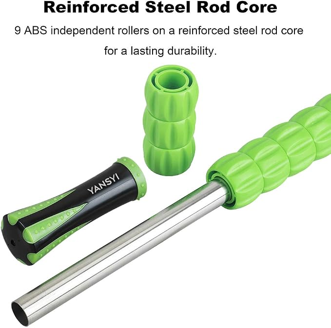 YANSYI Professional 9-Roller Deep Tissue Massage Stick - Portable Muscle Recovery Roller for Athletes, Relieves Post-Workout Soreness & Leg/Back Pain - Portable Physio Tool (Green)
