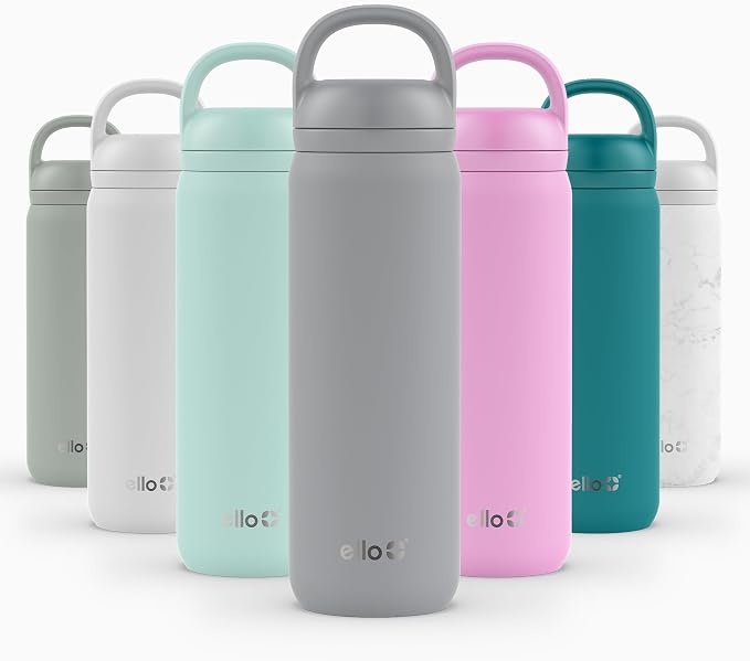 Ello Cooper Twist 22oz Insulated Stainless Steel Chug Water Bottle, Gray | Leakproof water bottle with chug lid and carry loop. BPA-free, keeps drinks cold 26 hours, great for gym, travel, and school.