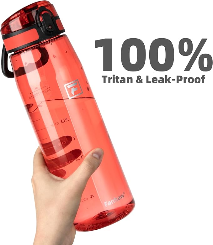 Fanhaw 32 oz Clear Plastic Water Bottle, BPA Free Leakproof Tritan Sports Water Bottle with Chug Lid, Wide Mouth Reusable Bottle for Gym, Travel, School & Office (Red)
