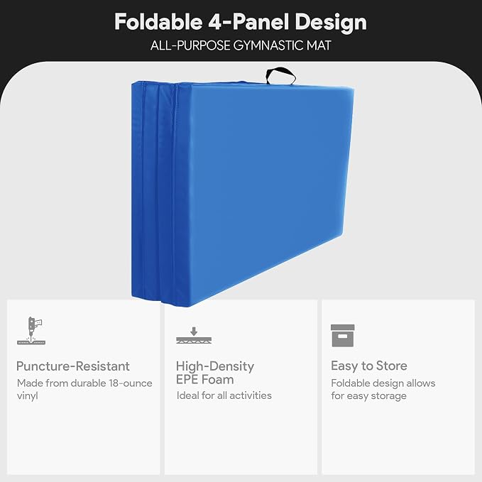 BalanceFrom 6x4 Feet 4-Panel Folding Gymnastics Mat – 2-Inch Thick Pad with Vinyl Surface and Carrying Handles for Tumbling, Yoga, Pilates, Home Workouts, and Martial Arts
