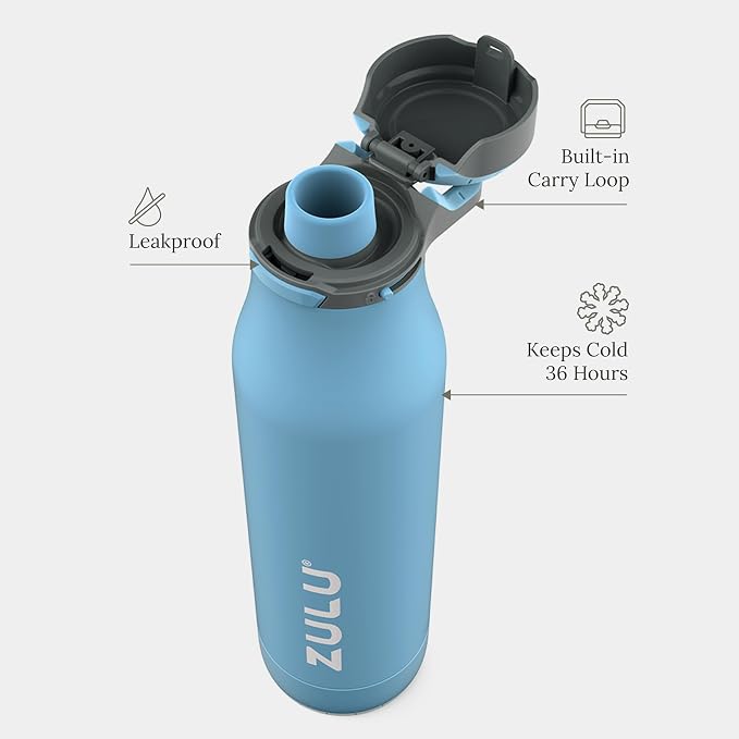 ZULU Ace 24oz Insulated Stainless Steel Water Bottle, Chug Spout, Ice Blue | Leakproof water bottle keeps drinks cold for hours. BPA-free, locking lid, sip or chug, perfect for gym, travel, and school.