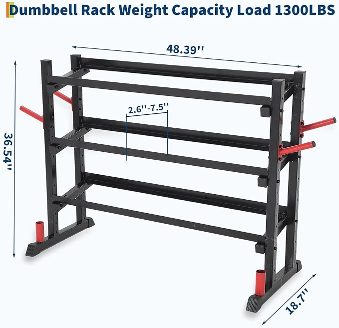 3-Tiers Dumbbell Rack, 1300LB Capacity Adjustable Weight Rack for Home Gym, H-Frame & Trapezoidal-Frame Weight Stand for Dumbells, Kettlebells, Barbells, Weight Plates