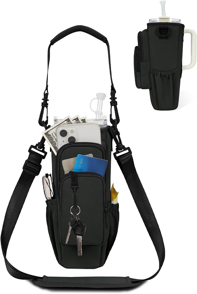 sportsnew 30/40oz Crossbody Water Bottle Holder Anti-Tip Tumbler Carrier | Lightweight Bottle Sling Fits Handled Tumbler w/ Phone Pocket, Adjustable Strap, Insulated Lining, Hands-free for Hiking Gym