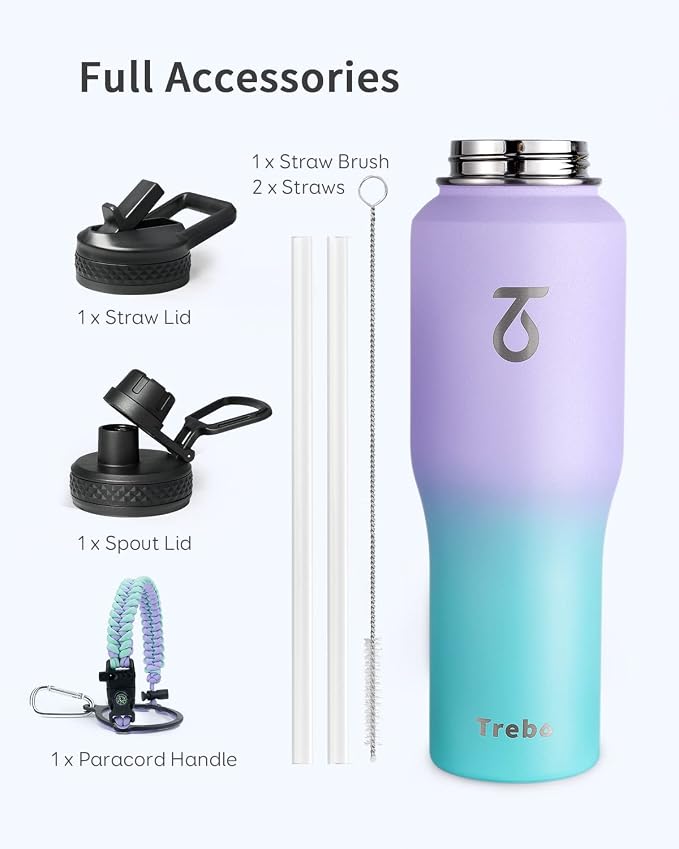 Trebo 32 oz Water Bottle Insulated Fits in Any Car Cup Holder with 2 Lids | Stainless Steel T-shape Tumbler with Paracord Handle, Triple Wall Vacuum Copper Plated, Cold 48 Hrs for Travel, Leakproof