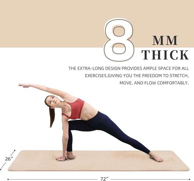 Yoga Mat Extra thick 8mm Exercise mat, Soft Lightweight TPE Fitness Mat with strap, High Elasticity, Anti-fatigue,non-slip mat for Women, Yoga, Camping, Travel, Gym & Outdoor | 72"L x 0.32"Th