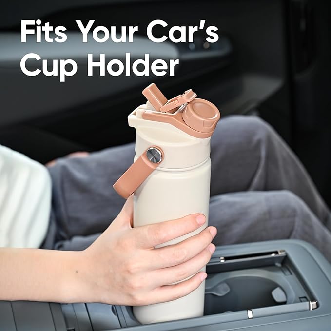 24 oz Insulated Water Bottle, 2-in-1 Lid, Straw & Spout with Protected, Leak Proof, Keep Cold 24H, Cup Holder Fit, Stainless Steel, Metal, Reusable, for Travel, Gym and School, 2 Lids, Mousse