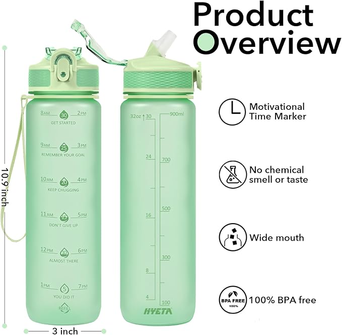 Hyeta Plastic Water Bottle With Straw & Time Marker, 32oz Leakproof Jug | Motivational Tritan BPA Free Gym Office Outdoor Intake Tracker Hourly Reminder Straw Lid Lightweight