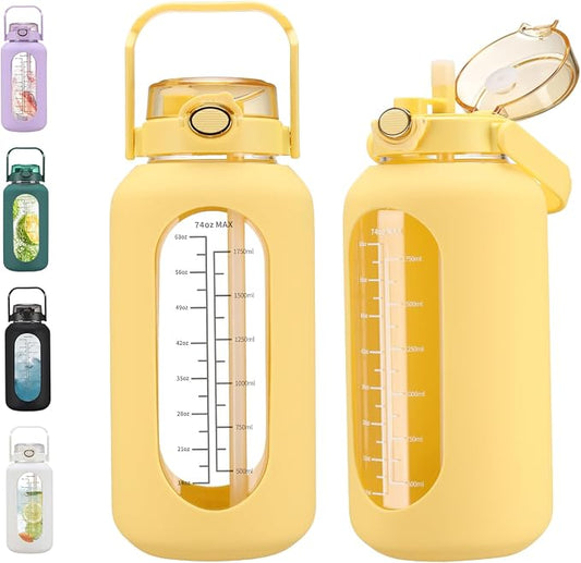 chunmo 74 oz Glass Water Bolttles with Straw Large Motivational Water Bottle with Time Marker Sports Water Bottles with Silicone Sleeve and Handle Lid 2.2L Water Jug for Gym Workout
