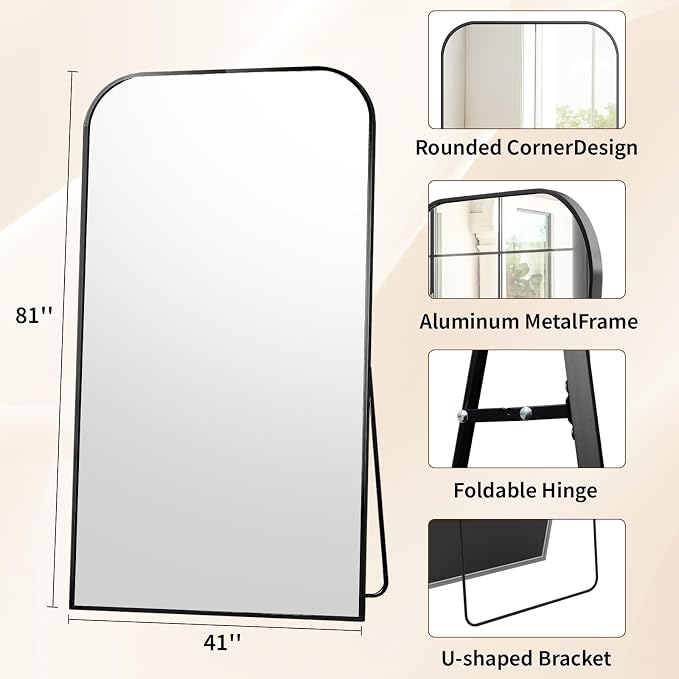 Oversized Full Length Mirror 81"x41" Arched Floor Standing Mirror | Large Full Body Mirrors with Stand - with Aluminum Frame for Bedroom Living Room, Black