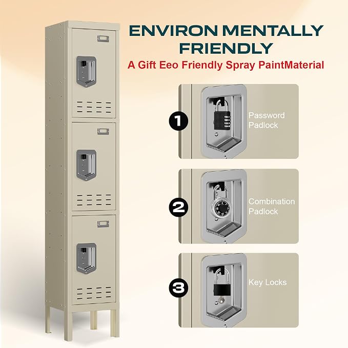 BUTISOW 3 Door Employee Metal Locker w/Card Slot for School Gym Office | Ventilated Metal Steel Locker with Mirror & Multi Hooks for Secure Storage
