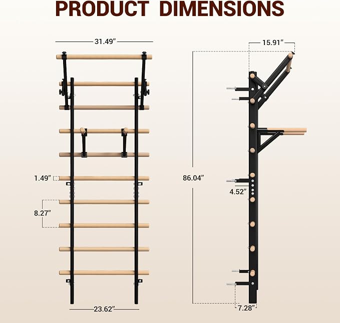 GMWD Swedish Ladder, Stall Bar, Suspension Trainer with Pull-Up Bar and Dip Bar Attachments, Wooden Stall Bar with 9 Strategic Rods for Core Strengthening and Stretching Balanced for Body Exercises