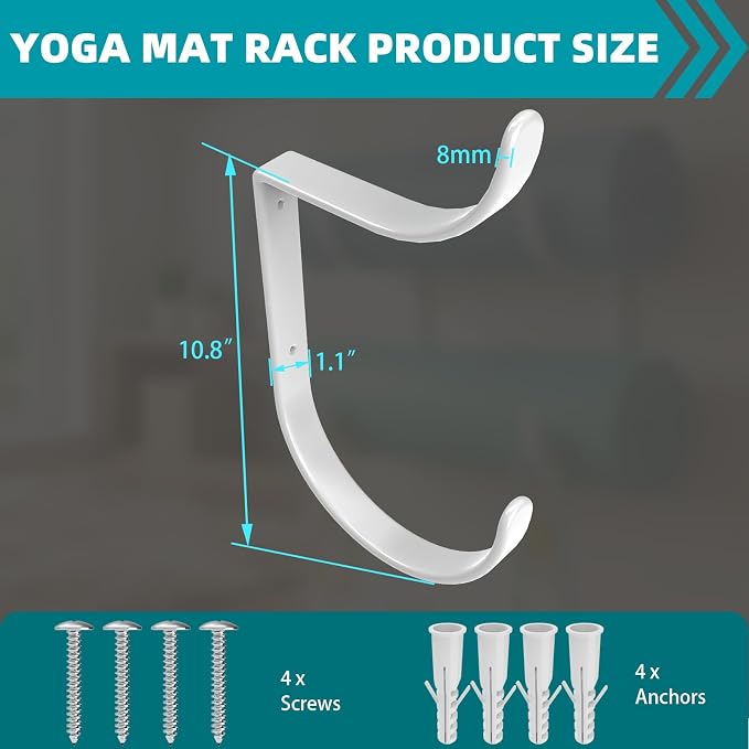 Yoga Mat Holder Wall Mount，No-Tie Mat Storage Rack With Rubber Coating | for Exercise Mat，Pilates Mat，Hanging Foam Roller and Home Gym Equipment Accessories