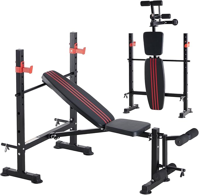 OLIXIS Adjustable Weight Bench Set with Rack, 650 LBS Capacity Heavy Duty Foldable Bench Press Set with Leg Extension Curl, Easy Assembly Strength Training Workout Set for Garage, Home, Gym