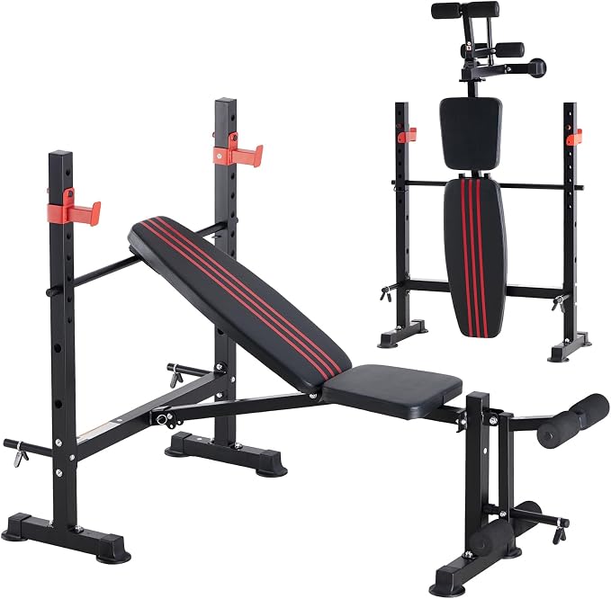 DUMOS Adjustable Weight Bench Set with Rack, 650LBS Foldable Bench Press | Easy Assembly Workout Set with Leg Extension Curl, for Indoor Exercise Home Gym