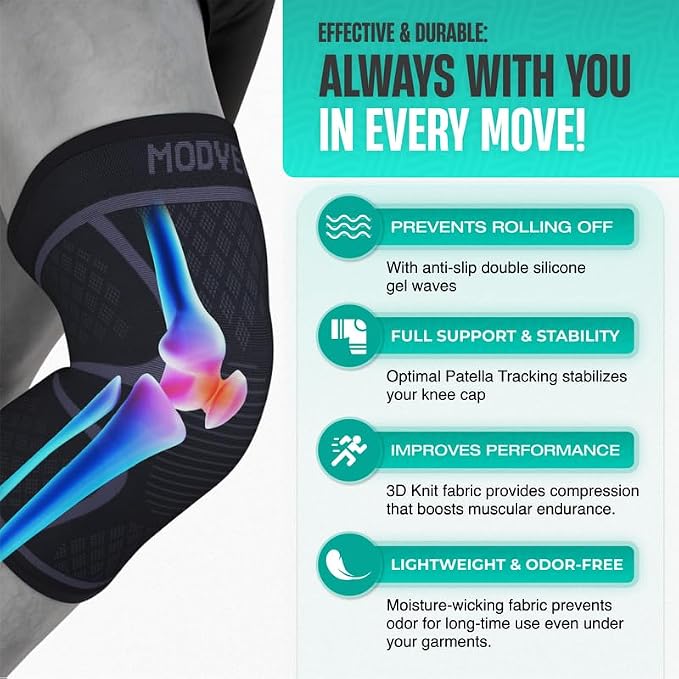 Modvel Compression Knee Brace for Women & Men - 2 Pack Knee Brace for Women Running Knee Pain, Knee Support Sleeve, Workout Sports Braces for Meniscus Tear ACL & Arthritis Pain Relief Grey/Turquoise Large