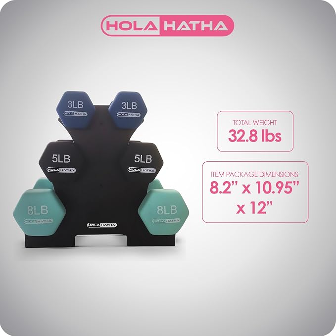 HolaHatha 1, 2 and 3 lb Neoprene Dumbbell Strength Training Weight Set with Rack