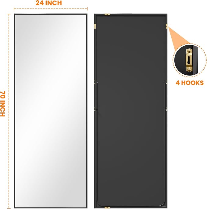 TRAHOME Full Length Standing Mirror, 70"x24" Black Full Body Mirror with Aluminum Alloy Frame, Free Standing or Wall Mount for Bedroom, Living Room, Dressing Room