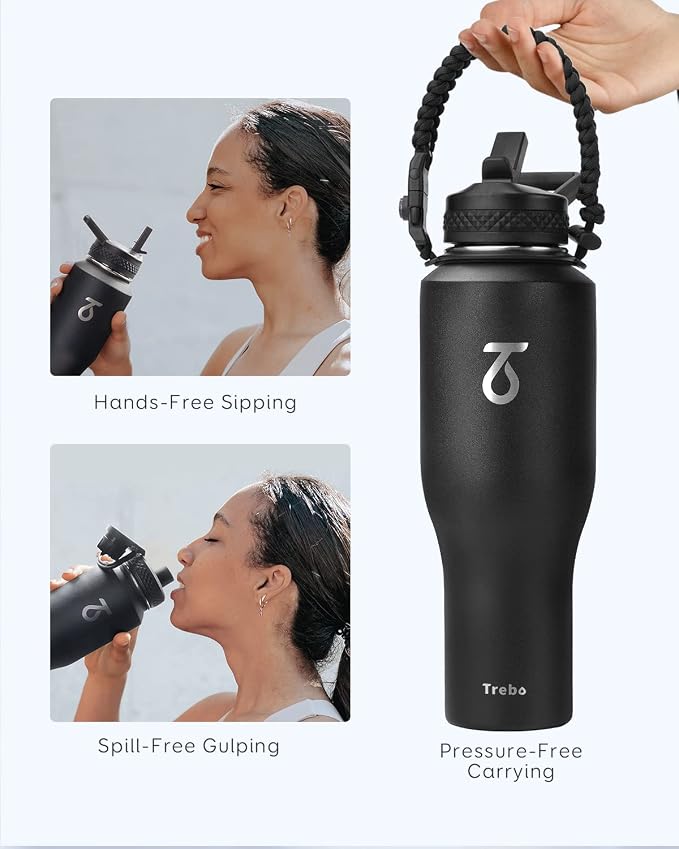 Trebo 40 oz Water Bottle Insulated Fit in Any Car Cup Holder with 2 Lids | Stainless Steel T-shape Tumbler with Paracord Handle, Triple Wall Vacuum Copper Plated, Cold 48 Hrs for Travel, Wide Mouth