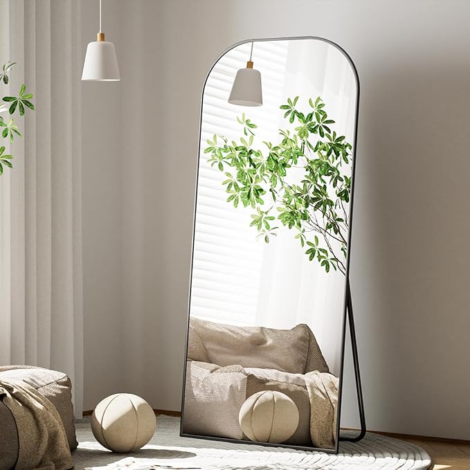Koonmi Mirror, 71x26 inch Full Length with Stand, Black, Rounded Top, Floor Mount, Aluminum Frame, for Bedroom, Living Room | Domed Top Square-Edged ShatterProof Floor Mirror with Black Aluminum Alloy Frame for Bedroom Living Room Home Gym