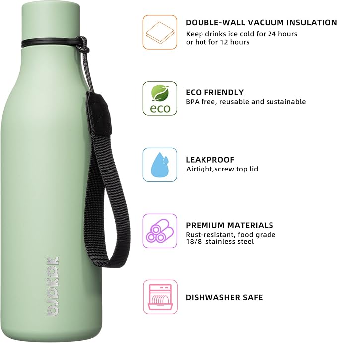 BJPKPK 18oz Insulated Water Bottle, Stainless Steel Bottle with Carry Strap | Keep Cold & Hot Vacuum Insulation, Leak-Proof BPA-Free Design, Slim Bottle Fits Most Cup Holders for Gym, Office & Travel