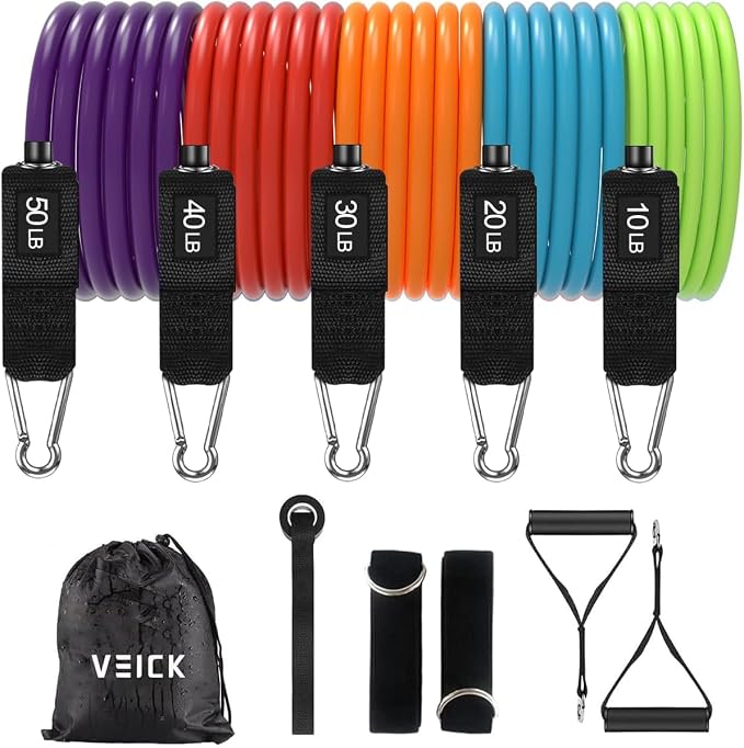 VEICK 10-150LBS Resistance Bands with Handles, Ankle Straps, Door Anchor | Accredited Lab Certified, 100% Natural Latex, Versatile for Yoga, Pilates, Strength, Home Gym