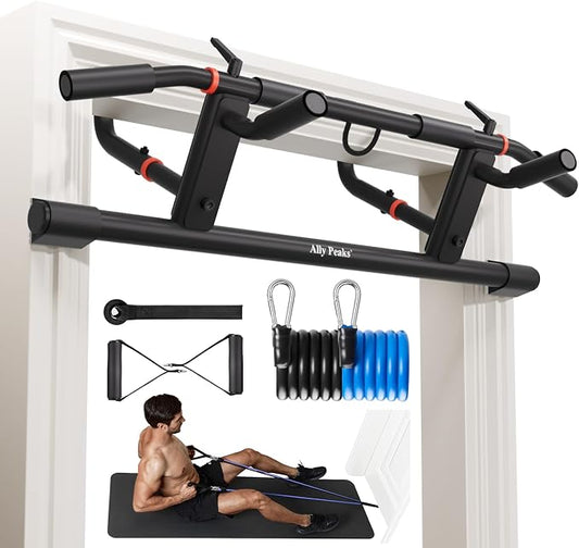 Ally Peaks Pull Up Bar for Doorway，Adjustable Handle Width Pullup Bar with 2Pcs Exercise Resistance Bands，New 2026 Upgraded At Home Workout Equipment Chin Up Bar，Multiple Original U.S. Patents