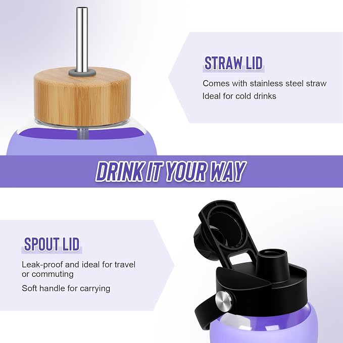 FULBEVY Glass Water Bottles 64 oz - Half Gallon Large Motivational Daily Water Intake Bottle Time Marker - Glass Water Bottle With Straw, Silicone Sleeve 2 Lids, Handle Spout & Bamboo Lid(Purple)
