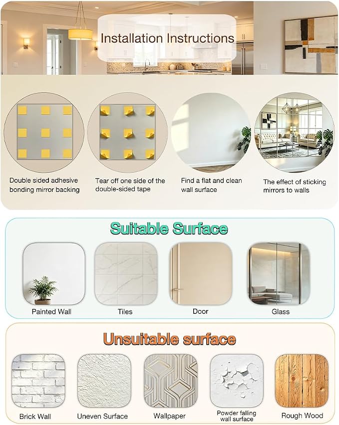 4-piece Glass Full Length Wall Mirror Tiles, 8 × 10 inch self-Adhesive Frameless Small Mirror Brick, Suitable for Home Gyms, bedrooms, Doors, and Bathroom Glass Mirrors (4Pcs 8 * 10)