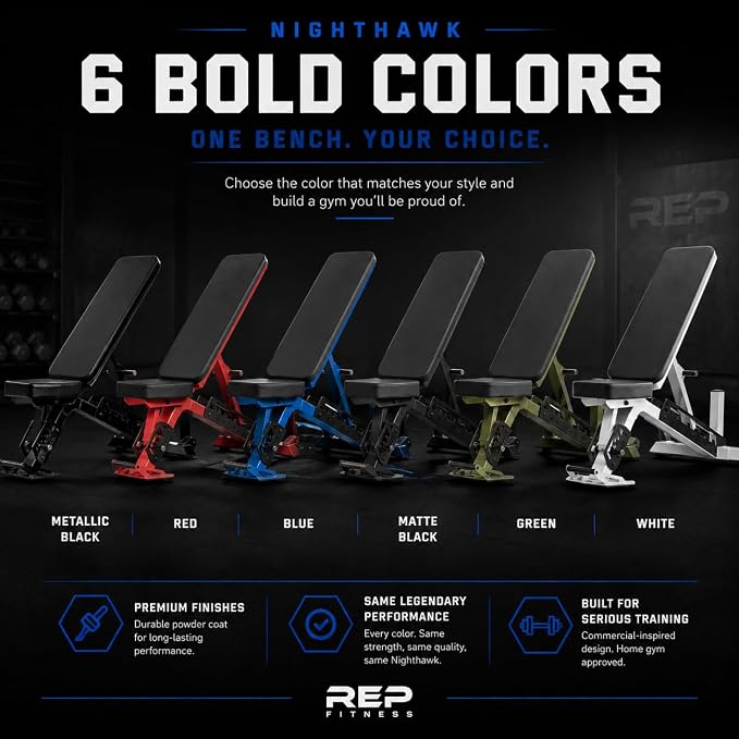 Rep Nighthawk Adjustable Weight Bench | Home Gym Incline Decline Flat Workout Bench | Heavy Duty Fitness and Strength Training Equipment | Foldable Space Saving Design