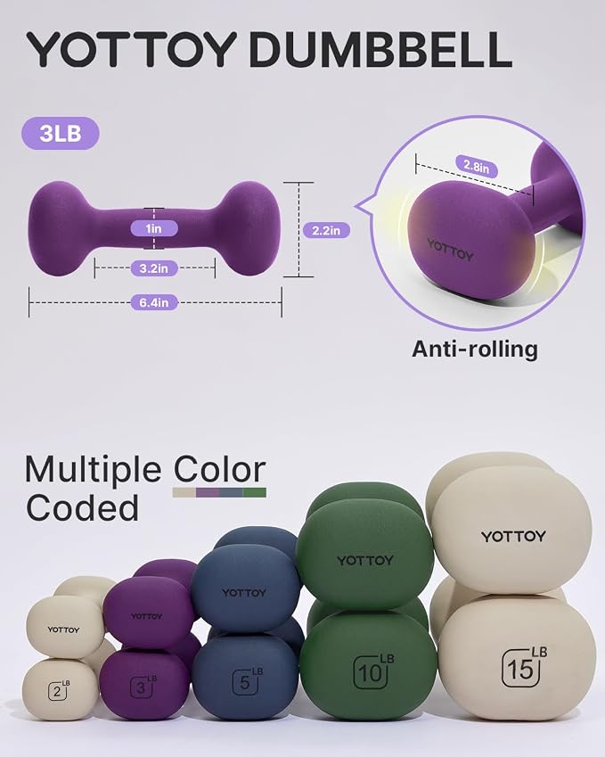 YOTTOY Dumbbell Set of 2,2-15 Pound Hand Weights for Women, Non-Slip Hand Weights for Home Gym, Strength Training, and Full-Body Workouts