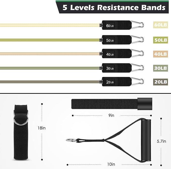WHATAFIT Resistance Bands with Handles, 5-Level Exercise Bands for Workout | Natural latex,10-50 lbs, stackable to 150,Ankle Straps, Door Anchor,Guide. For Strength, Yoga,Home Gym,Travel & Workout.