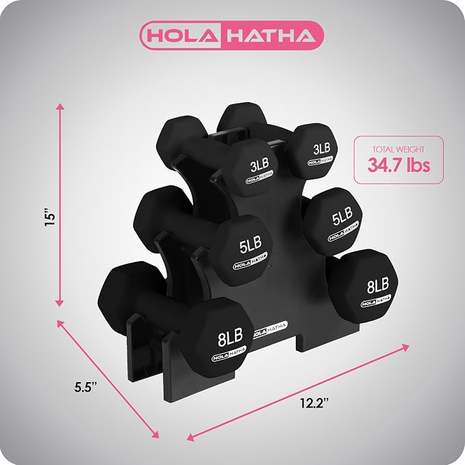 HolaHatha 1, 2 and 3 lb Neoprene Dumbbell Strength Training Weight Set with Rack