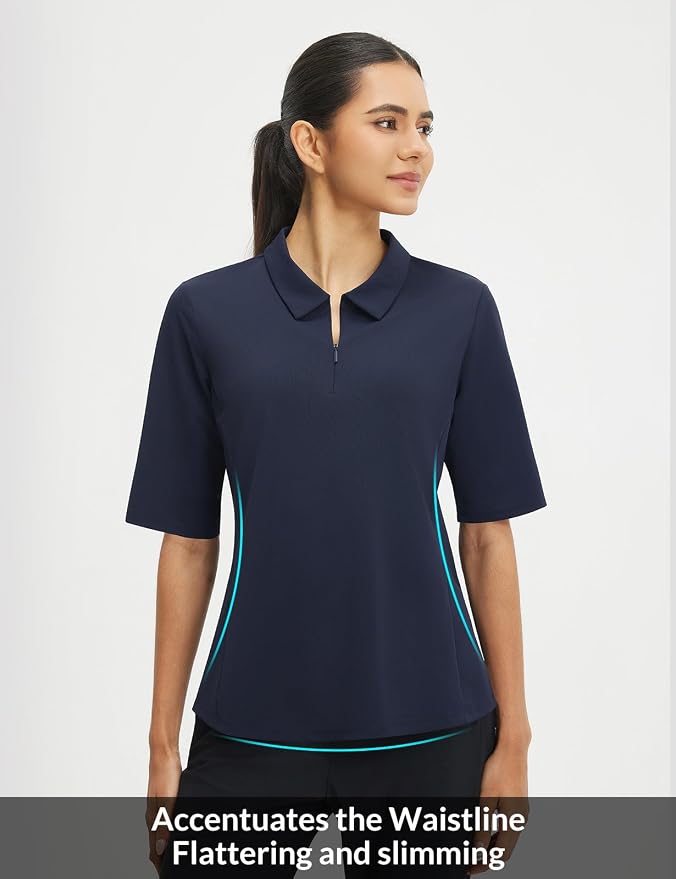 baleaf Womens Golf Shirts Half Sleeve Elbow Length Polo Tops | Stretch, Sun Protection UPF 50+, Quick Dry, Breathable, Moisture Wicking, Quarter Zip V Neck, Ideal for Golf Work Casual