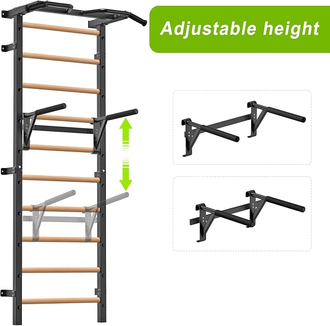 Kipika Gymnastic Stall Bar - 2"x2" Swedish Ladder with 1" Hole, Wall Mounted Pull-up Bar Ladder Suspension Trainer, Solid Wood Grips Gymnastics Training Bar for Home, Wall Gym, School
