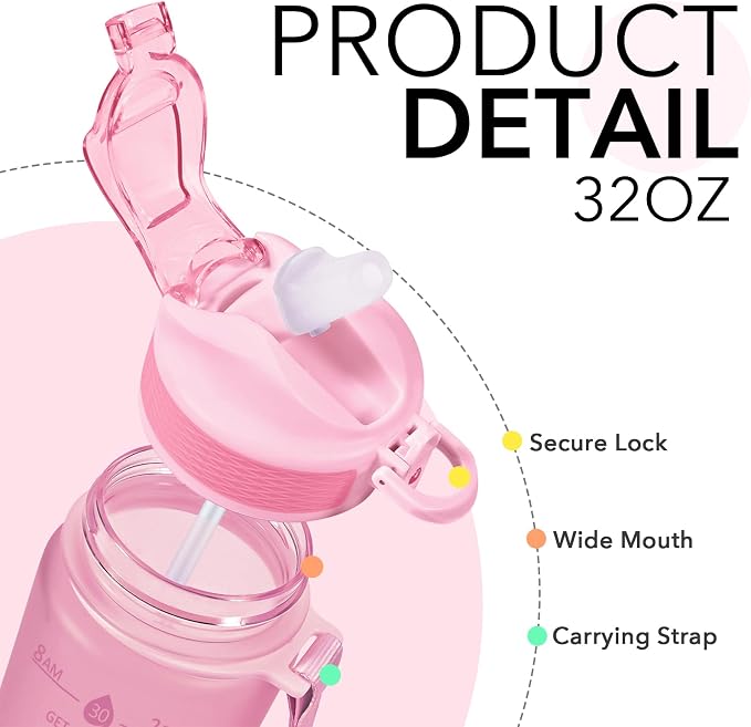 Hyeta Plastic Water Bottle With Straw & Time Marker, 32oz Leakproof Jug | Motivational Tritan BPA Free Gym Office Outdoor Intake Tracker Hourly Reminder Straw Lid Lightweight