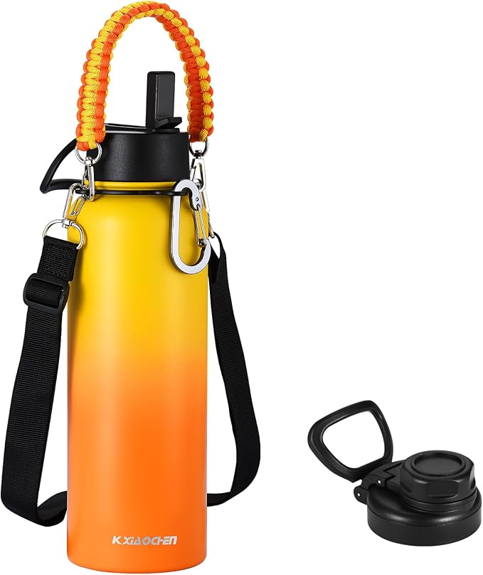 KXIAOCHEN Insulated Water Bottle with Strap, 48-Hour Cold, 2 Lids | Triple-wall insulation, lead-free 18/8 Stainless steel, paracord handle, carabiner clip, for gym, hiking, camping and travel