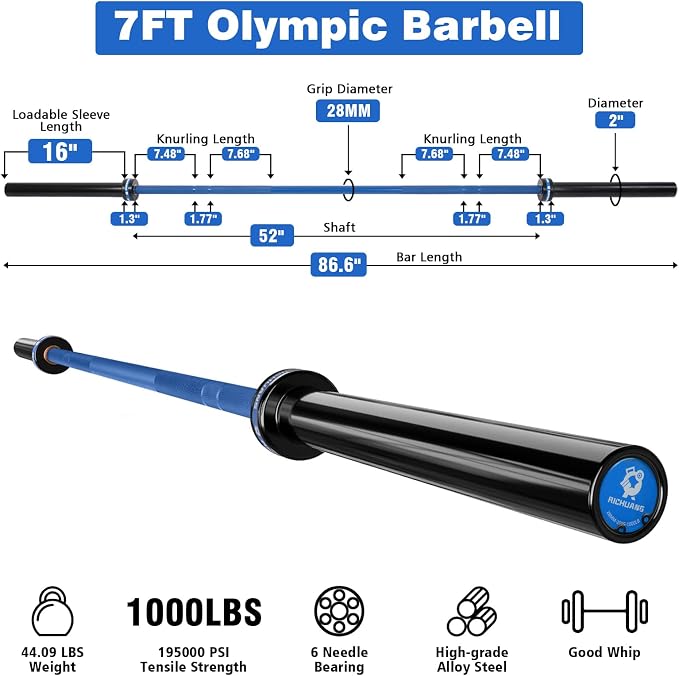 7ft Olympic Barbell 28mm 45lb – 500/700/1000LB Bar for Home Gym | Ceramic coated steel. Smooth spinning sleeves. Fits 2" plates. For snatch, clean and jerk, squats, deadlifts, bench press.